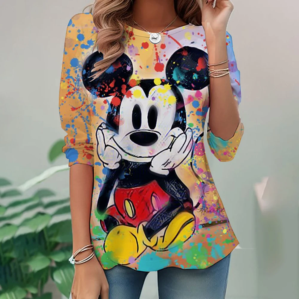 Spring Autumn Cute 3D Cartoon Harajuku Streetwear Disney Mickey and Minnie Anime Casual Long Sleeve Round Neck T-Shirt 2022