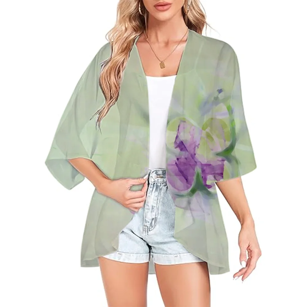 New Summer Women's Illusion Floral Print Short Sleeve Chiffon Kimono Cardigan Loose Pullover Casual Tops Sweaters Big Size Women