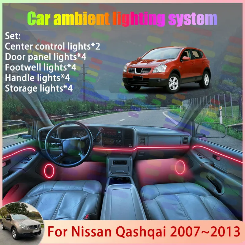 For Nissan Qashqai 2007~2013 J10 Dualis MK1 2/18 in 1 Car Atmosphere Light Lamp RGB Shade Ensemble Streamer Atmosphere Set Auto