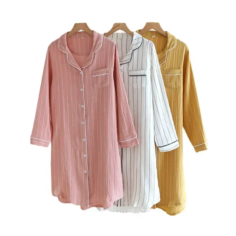 Long-sleeved Striped Plus Sleepwear Cotton Night Size Button Women's Mid-length Shirt Dress With Nightgown Home Nightdress Women