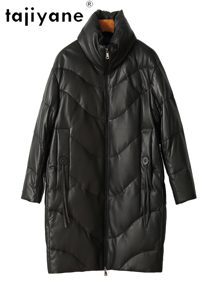 TAJIYANE 100% سترة منتفخة من جلد الغنم الحقيقي للنساء معطف طويل أبيض من ريش الإوز سترات من الجلد الطبيعي 2025 ملابس نسائية duбlenка