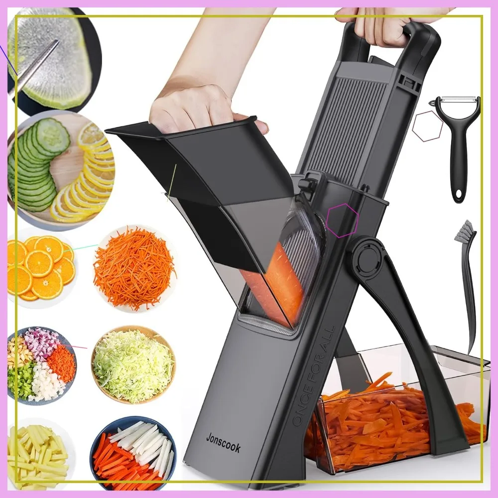 

Универсальная овощерезка-мандолина с контейнером, регулируемая толщина нарезки для овощей, картофеля, помидоров, лука