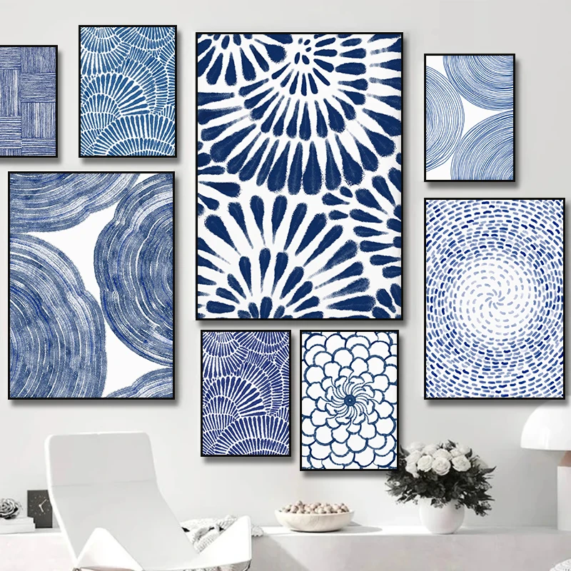 Affiche de fleur à points de ligne bleue aquarelle, peinture sur toile imprimée, Art mural minimaliste pour salon, décoration de maison Cuadros