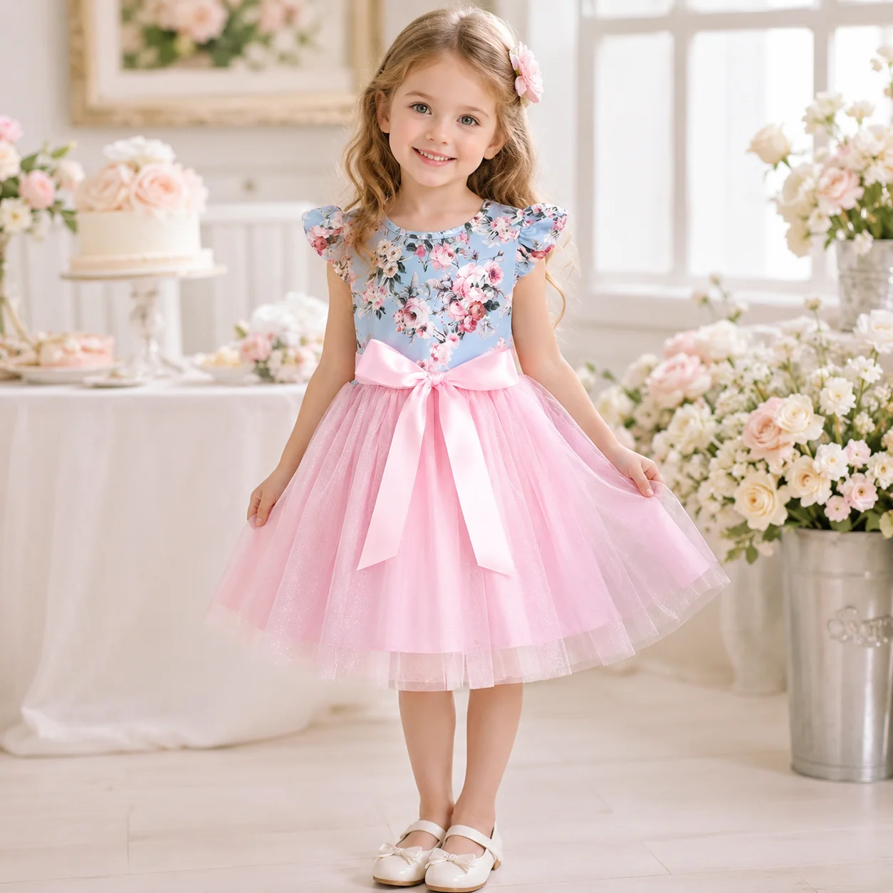 Girls Floral Print Tutu Dress Pink Big Bow Sleeveless Princess Party Dresses Kids Wedding Birthday Pageant Ball Gown Children Fo