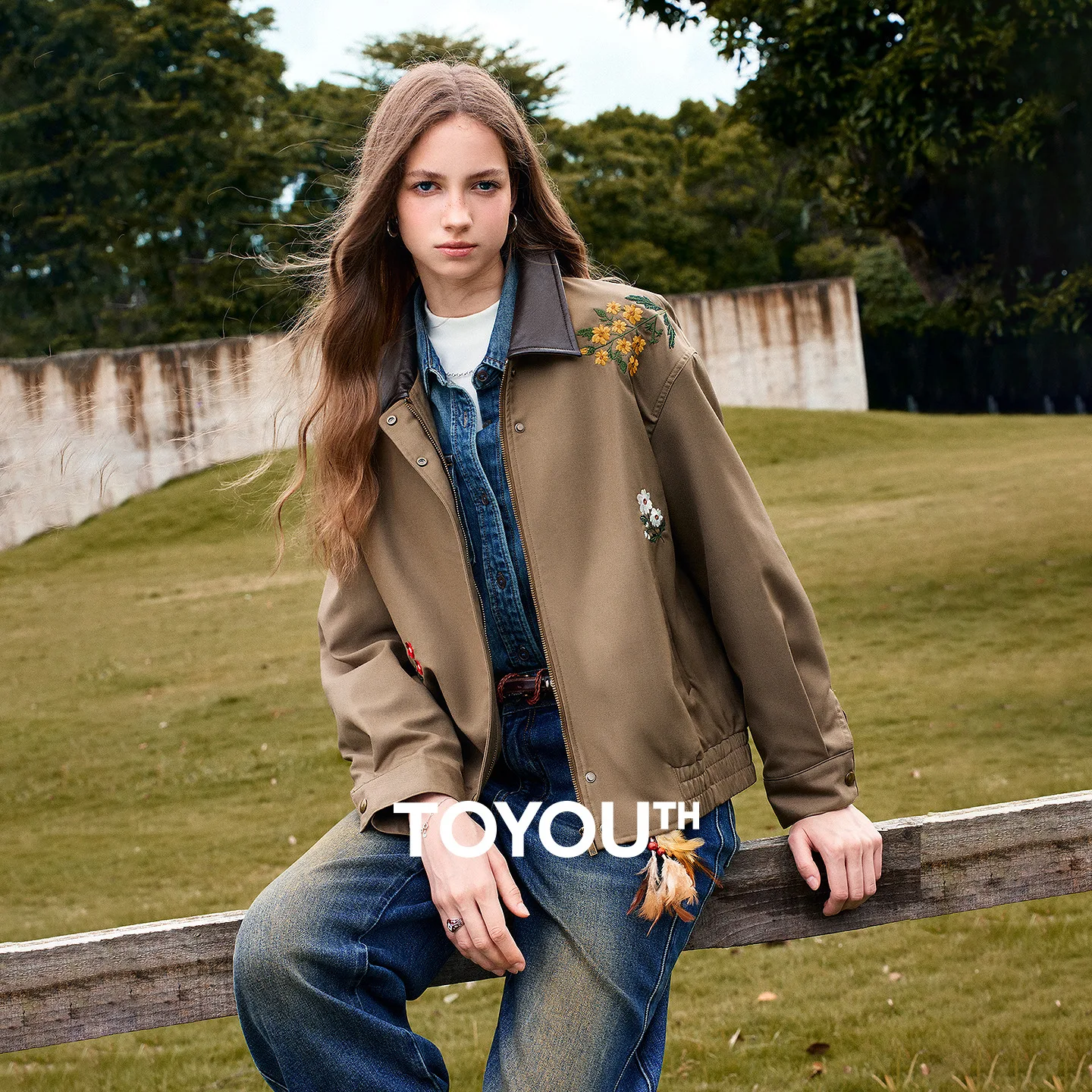 TOYOUTH Women Jacket 2026 Autumn New Floral Embroidery Faux Leather Patch Lapel Workwear Loose Outerwear