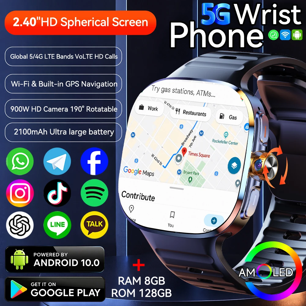 2026 New 128GB Storage Smart Watch With SIM Card Rotary Camera GPS WIFI Android 10.0 Compass 2.4