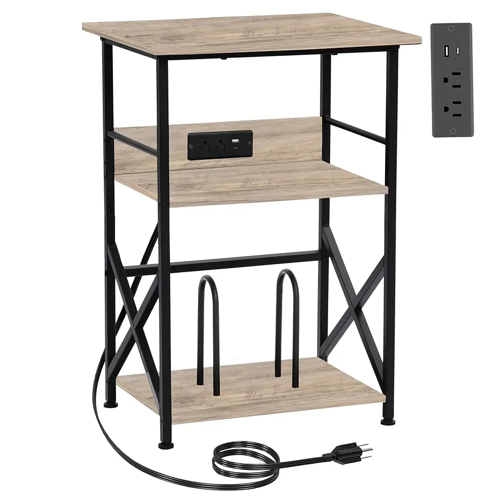 

Record Player Stand With Charging Station, 3-Tier Side Table For 100 Vinyl Storage, End Table For Living Room, Bedroom, Greige