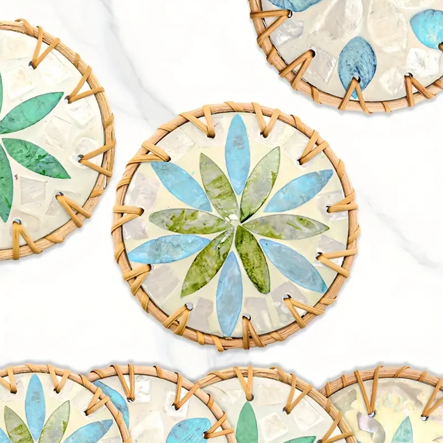 Anti-scalding Rattan And Ceramic Shell Coasters Handmade Creative Colorful Round Coffee Table Mats Bowl Mats For Home Decor