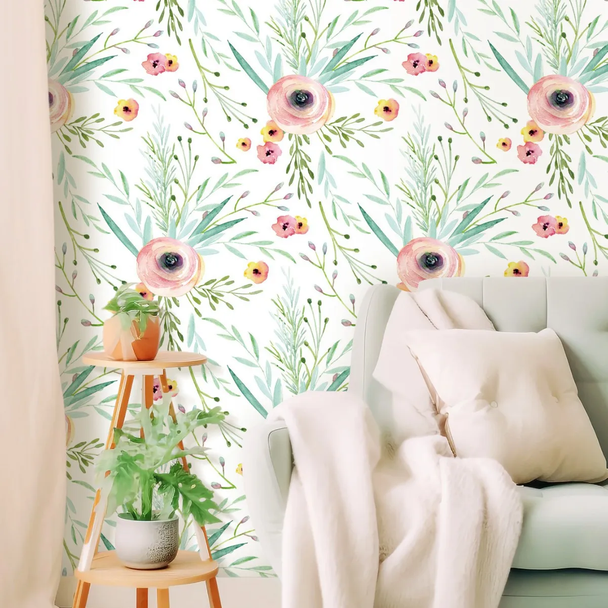 

Розовые обои с цветочным принтом, светло-зеленые листья, съемные самоклеящиеся обои для спальни, ванной комнаты