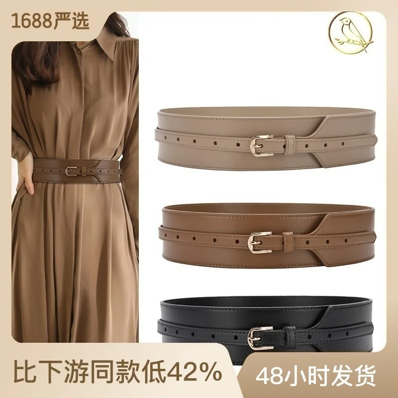 

100% genuine real leather Coat Belt Women's Wide Korean Edition Decoration with Dress Fashion Versatile Waistband Suit Mesh Red
