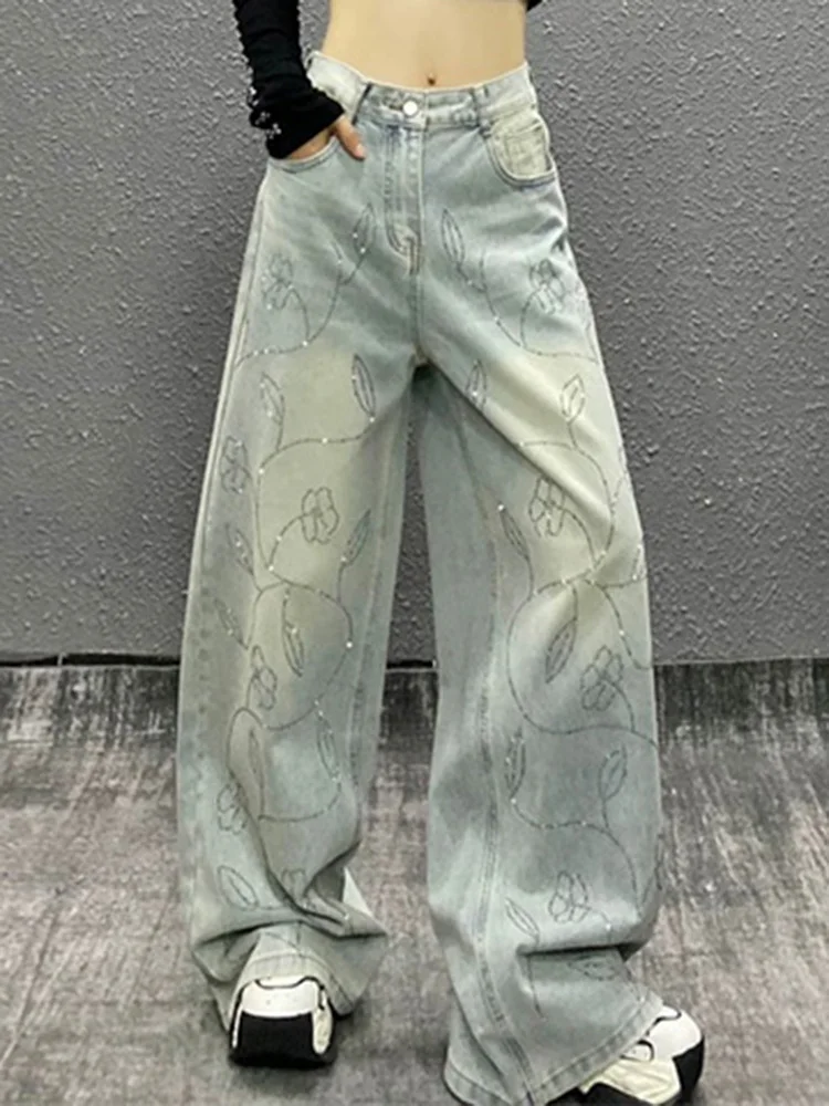 Y2K Wide Leg Jeans Women Shiny Embellished High Waist Loose Straight Floor Length Slimming Autumn