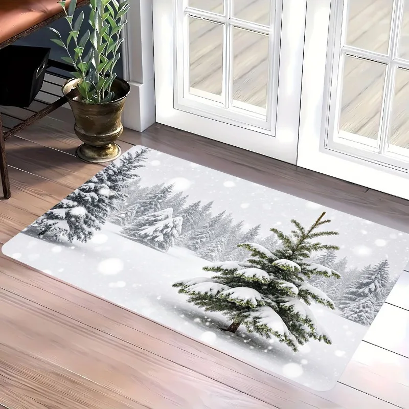 Winter Snowy Pine Forest Doormat Snowfall Snow Covered Fir Tree Scenery Print Floor Mat for Entryway Porch Decor Present