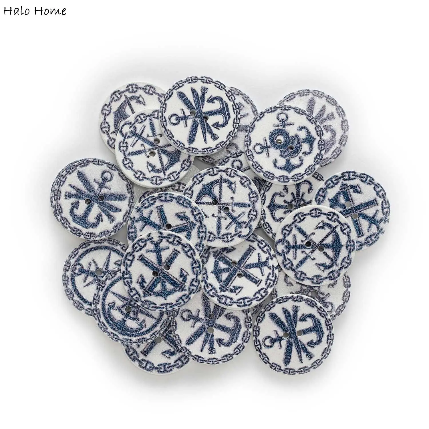 50pcs Round Anchor Theme Print White Wooden Buttons Handwork Sewing Scrapbooking Clothing Crafts Accessories Gift Card 15-25mm