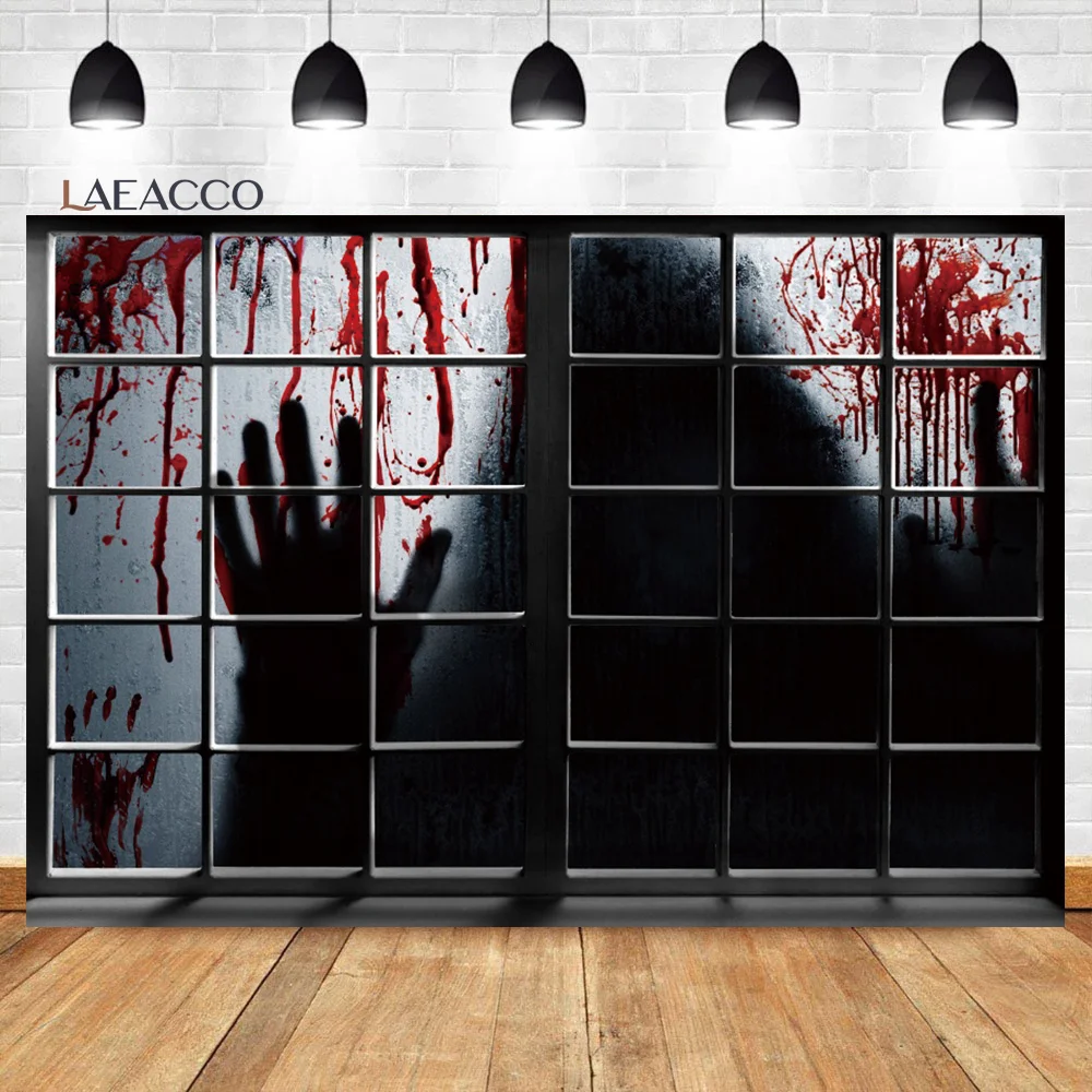 

Laeacco Bloody Brick Wall Window Backdrop for Halloween Festival Horror Flowing Blood Splatter Shadow Adults Portrait Background