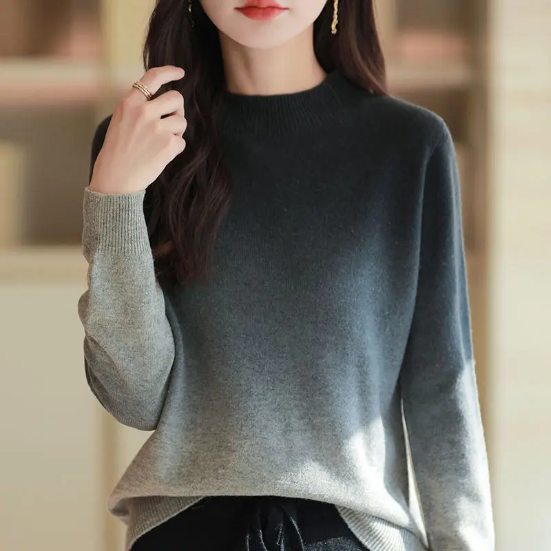 Autumn Winter New Semi High Neck Knitted Pullovers Thick Base Women\'s Clothing Gradient Color Loose Stylish All-match Sweaters