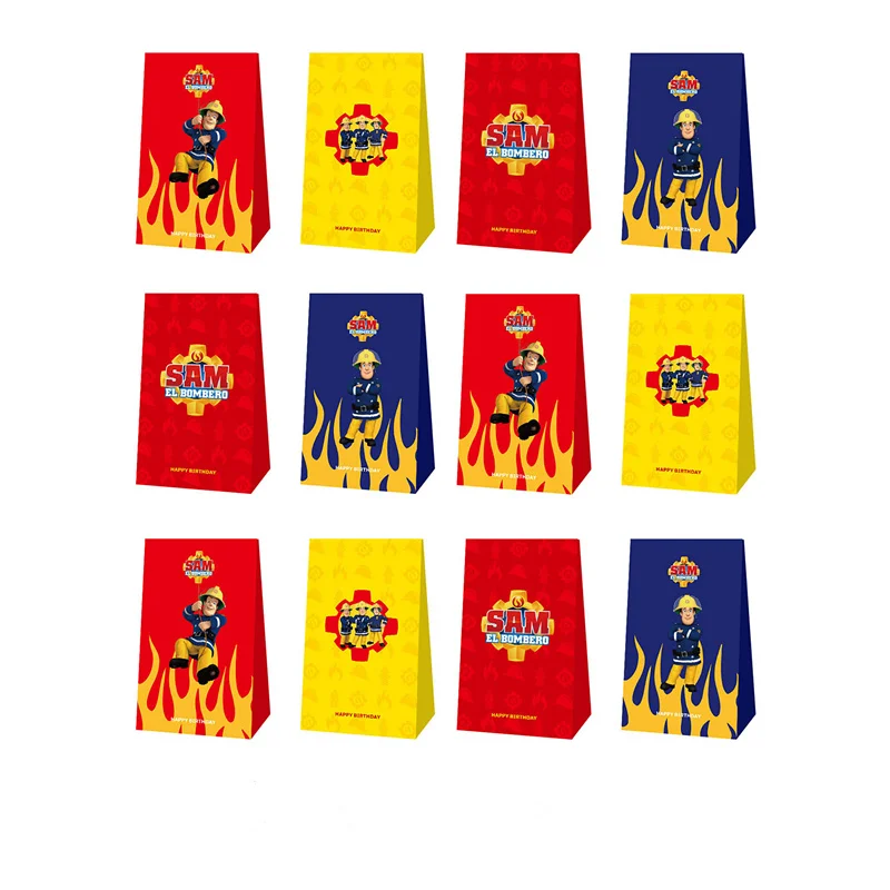 12pcs Fireman Sam Candy Bags Popcorn Bag Gift Bag Birthday Party Candy Packing Bags Fireman Fire Theme Party Supplies