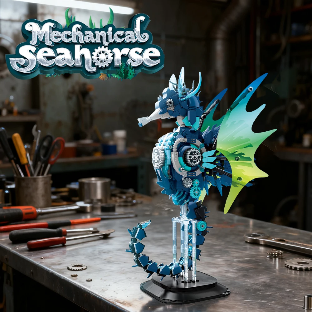 

[1003pcs] Cyberpunk Mechanical Seahorse Building Block Set, 14+, Fantasy Sea Creature Model Kit