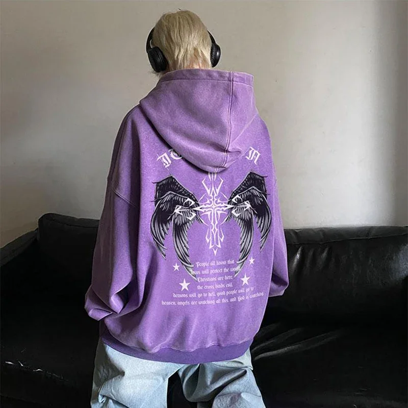 Gothic Wing Graphic Printed Hoodie Oversized Baggy Men Hooded Sweatshirt Hip Hop Streetwear 2024 New Male Hoodies