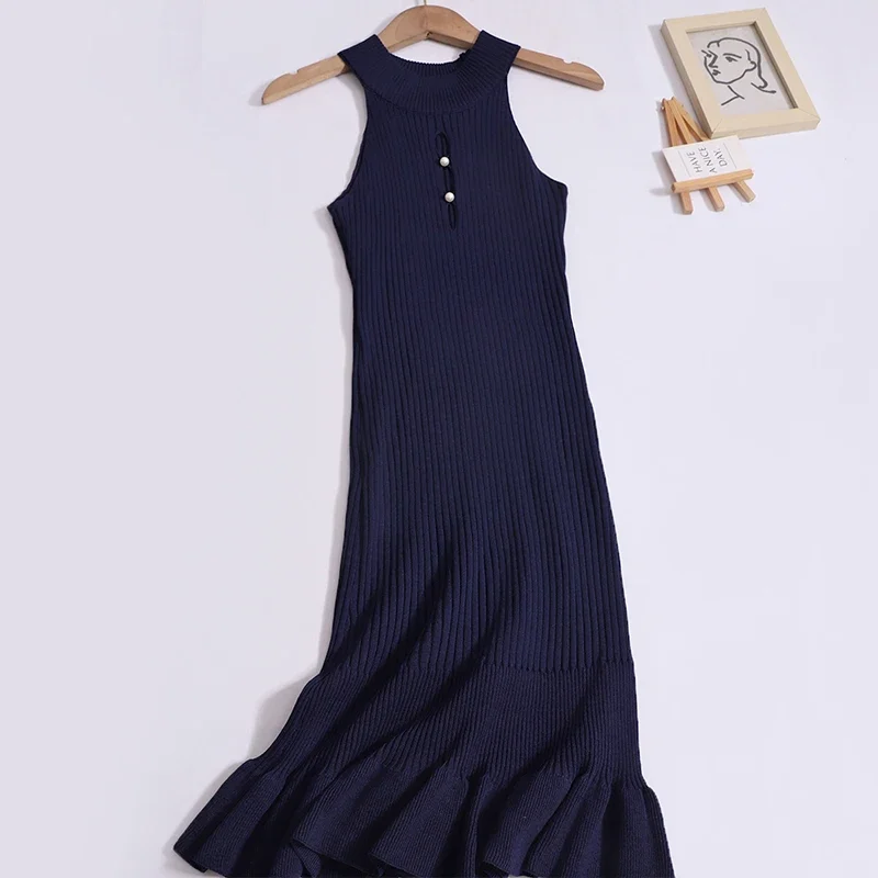 Cut Out Halter Summer Knitted Bodycon Sexy Dress O Neck Sleeveless Ruffled Party Sundress High Street Elastic Slim Short Dress