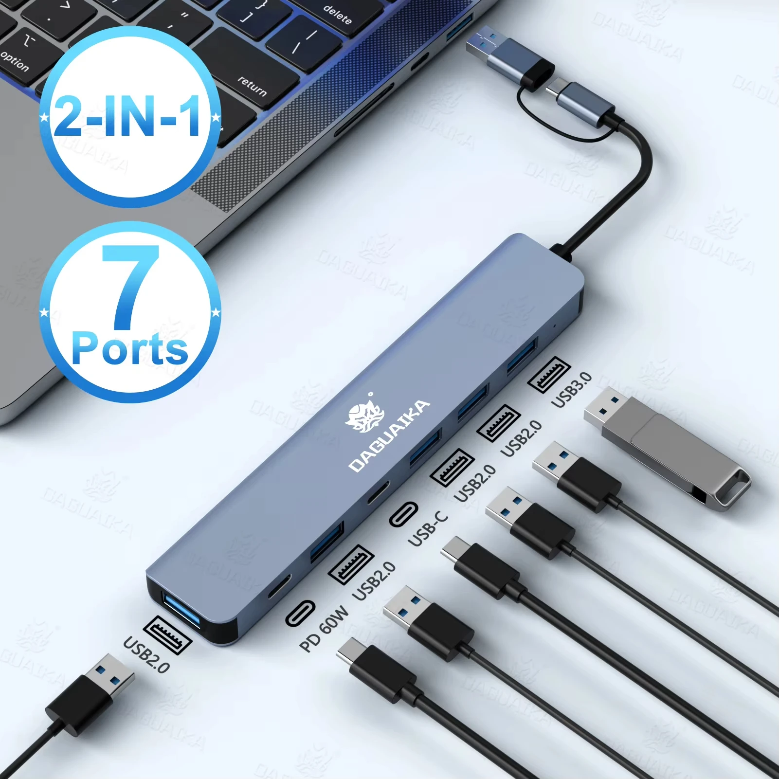 

USB C Hub USB Hub 3.0 Aluminum 7 in 2 USB Extender, USB Splitter with 1 X USB 3.0, 4 X USB 2.0 and 2 X USB C Ports