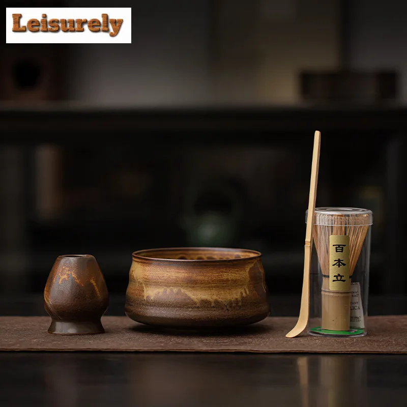 

Ancient Kiln Change Ceramic Japanese Matcha Bowl Whisk Holder Set Temperature Resistant Matcha Tea Bowl Set With Spout For Trip