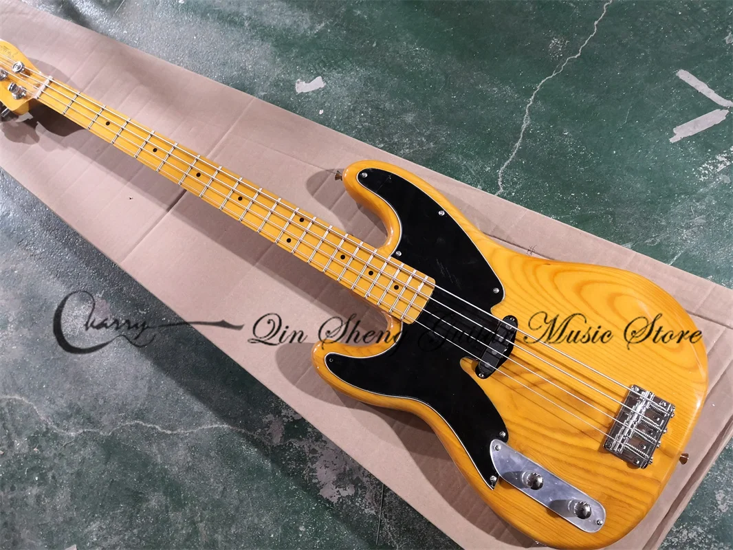 Left Hand Bass Guitar 4 String Tel Bass Yellow Ash Body Maple Wood Fixed Bridge Black Pickguard