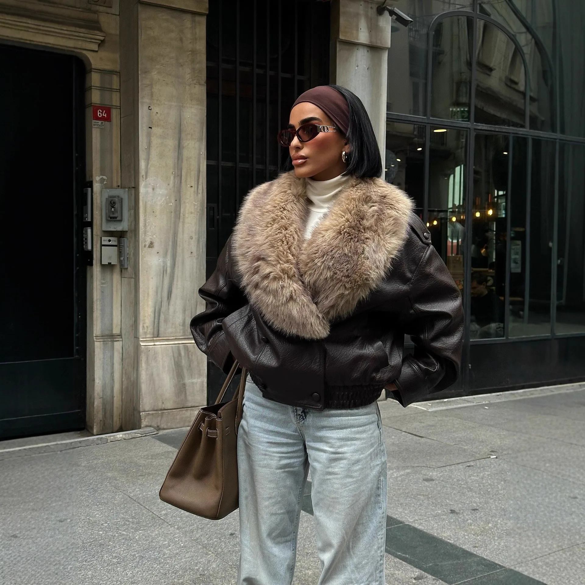 Women Detachable Faux Fur Collar Faux Leather Jacket, Fashion Winter Coat
