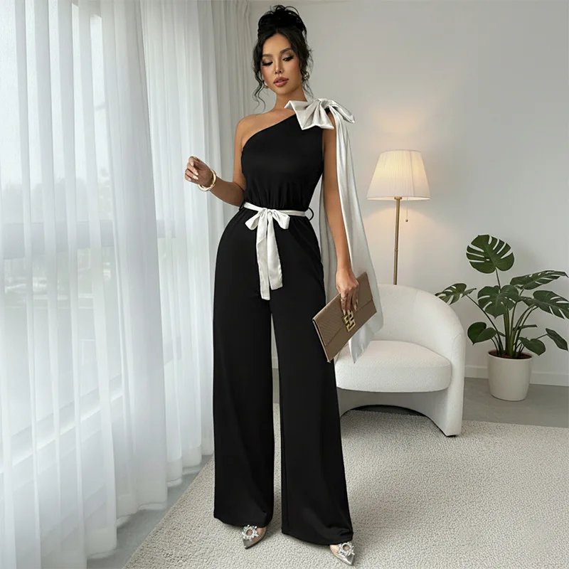 Women's One Shoulder Jumpsuit With Bow Detail Contrast Color Waist Tie Wide Leg Elegant Formal Party Evening Romper Long Pants