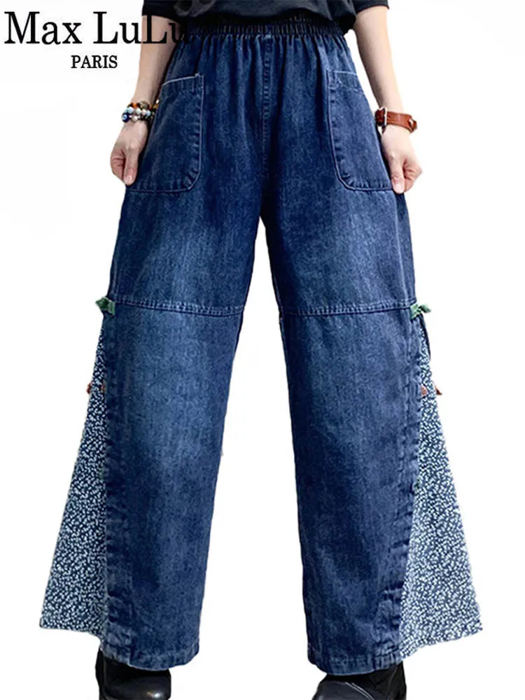 Max LuLu Womens Loose Patchwork Buttons Denim Pants 2022 Spring European Style Casual Elastic Design Jeans Vintage Wide Trousers