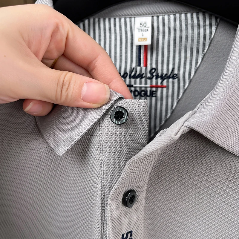 Frühling Herbst Herren Neues Original Mode-Print Polo-Shirt Knitterfreies Einfarbiges Langarm-T-Shirt Vielseitige Herrenbekleidung – Detail 13