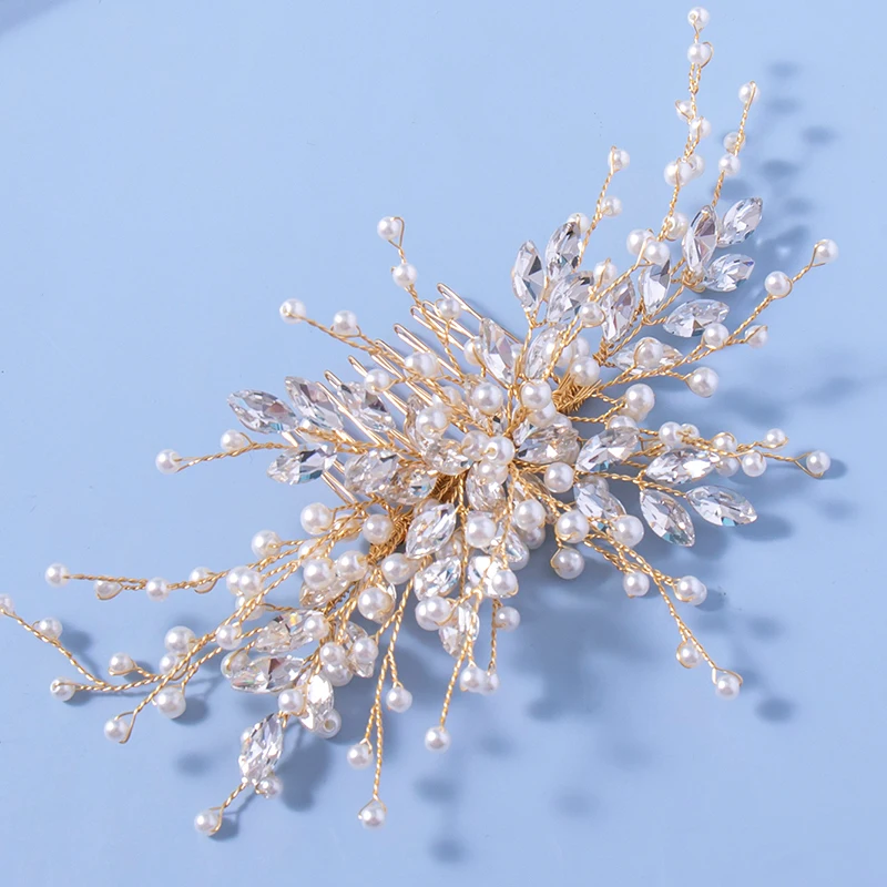 Trendy Leaf Pearl Gold Wedding Hair Combs Tiara Bridal Headpiece Women Head Decorative Jewelry Hair Accessories Headdress image 4