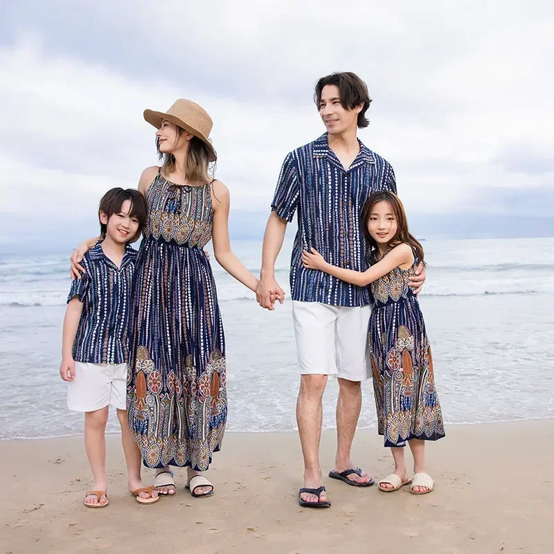 Beach Sets for The Family Resorts Look Mother and Daughter Matching Summer Print Dresses 2024 Father Son Vacation Shirts Outfits