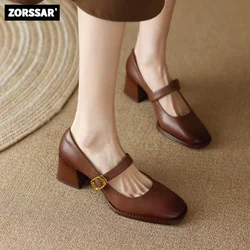 2024 New Cow Leather Women Dress Shoes Chunky Heel Retro Mary Janes Shoes Shallow Round Toe Pumps Ankle Strap Ladies Office Shoe