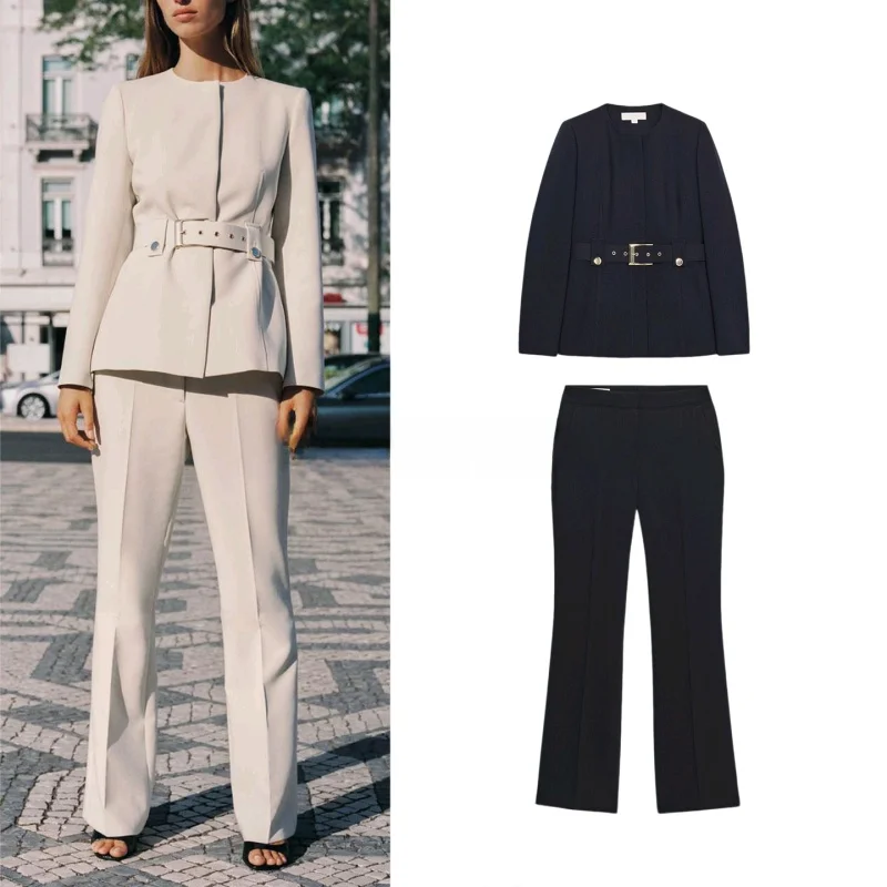 

High Waist Tailored Suit Jaet with Belt round Ne Design And oulder Pads Long Pants Faionable Slim Fit Women's Set