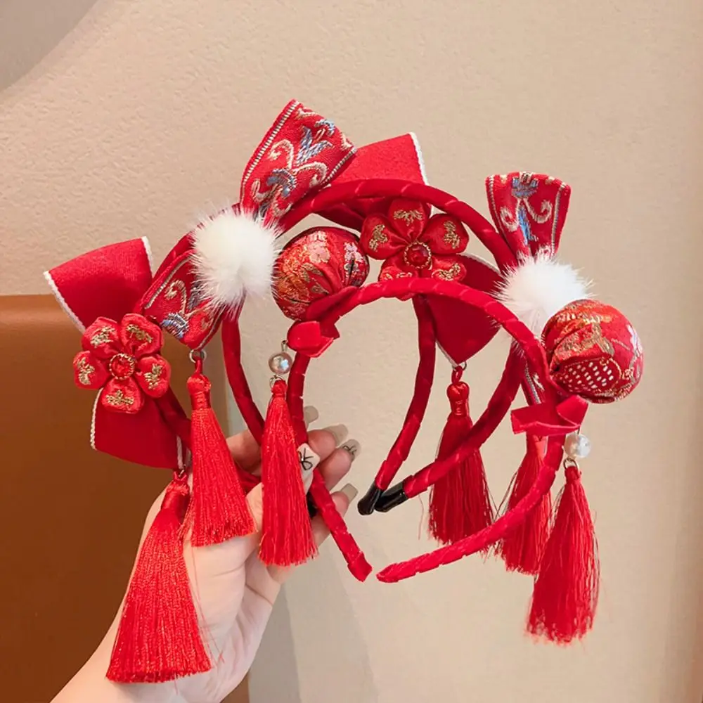 Fuwa Chinese New Year Headwear Tassel Plush Ball Hanfu Hair Bun Hair Hoop Girl Hair Accessories Tang Suit Hair Hoop Red Hairband