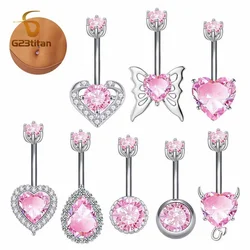 G23Titan Pink Zircon Heart Belly Button Ring for Women Girls Medical Titanium Curved Barbell Navel Piercing 14G Body Jewelry