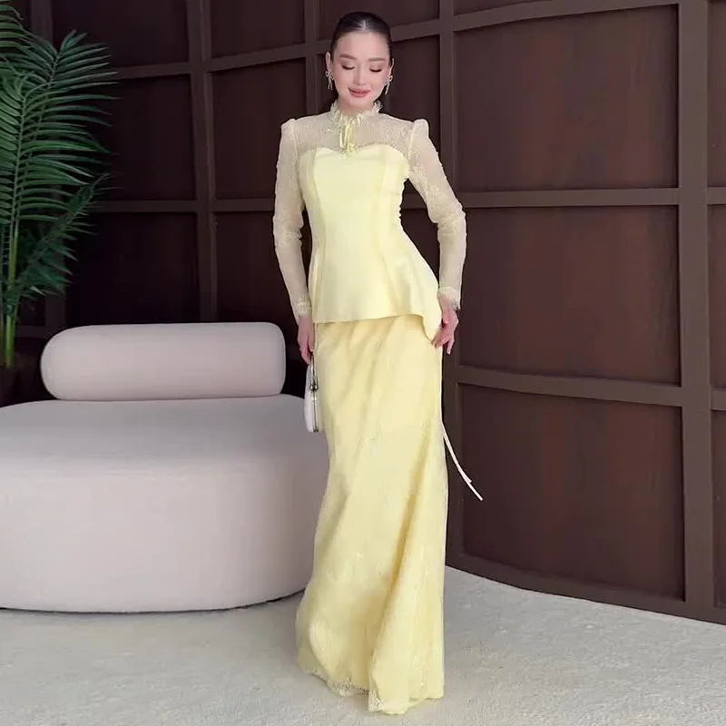 Women 2 Piece Sets Skirt Set Full Sleeve Ruffled Neck Lace Splice Tight Waist Tops Long Skirts Y2k Streetwear Elegant Summer