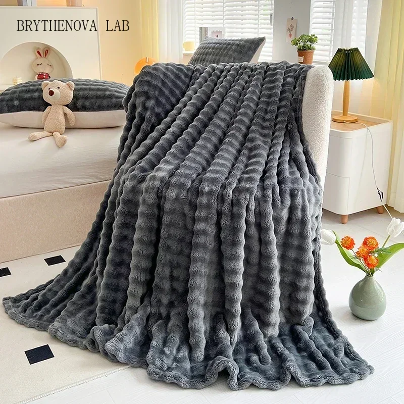 Bubble Fleece Blanket Dark Grey Solid Color Rolled Edge Cover Blanket Soft and Bedding Comfortable Bedspread
