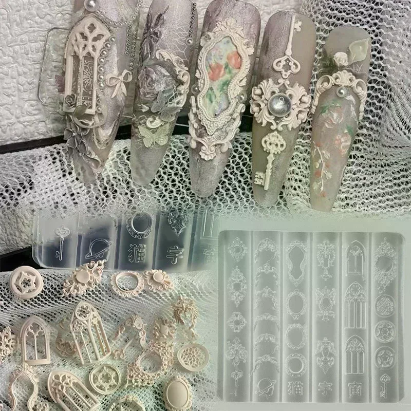 European Retro Pattern Collection Candle Holder 3D Silicone Nail Art Decoration Transparent Template DIY Design Nail Art Mold