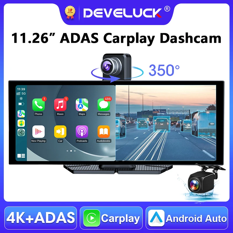 

11.26 inch ADAS Car DVR 4K Dash cam Wireless Carplay Android Auto Bluetooth Dashboard Video Recorder Siri Voice Control FM AUX