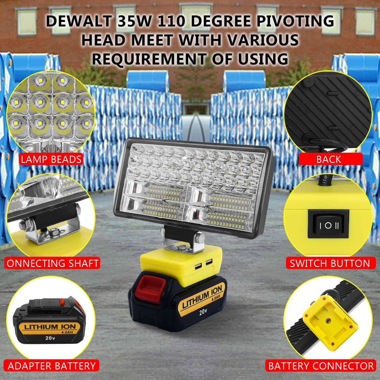 Imagem -02 - Luz de Trabalho Led para Dewalt Compatível com 18v Li-ion Bateria Luzes de Emergência Lâmpada de Iluminação Portas Usb 35w em 9800lm