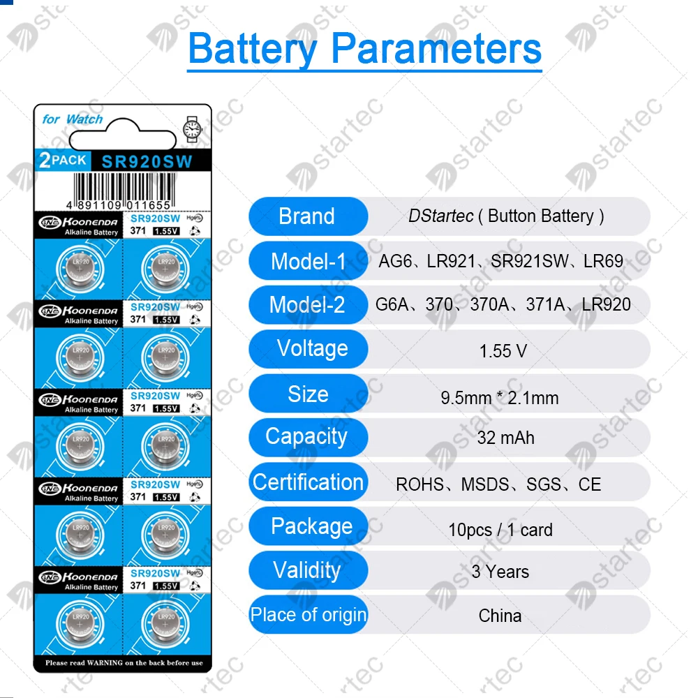 Eunicell 10-50個32 2600mah LR921 AG6ボタンpilas電池SR920SW LR920 LR69 171 370A 371A SR921 1.5vアルカリコイン電池