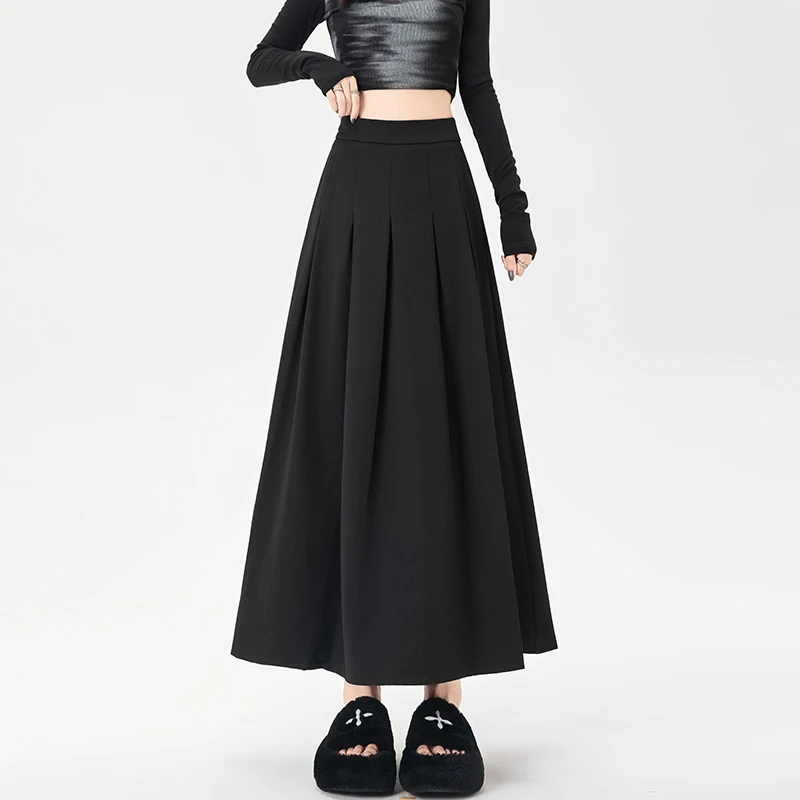 Autumn High Waist Simple Basic Women Skirt Casual Loose Solid Color Chicly Woman Skirt Black Gray Fashion A-Line Skirt Female