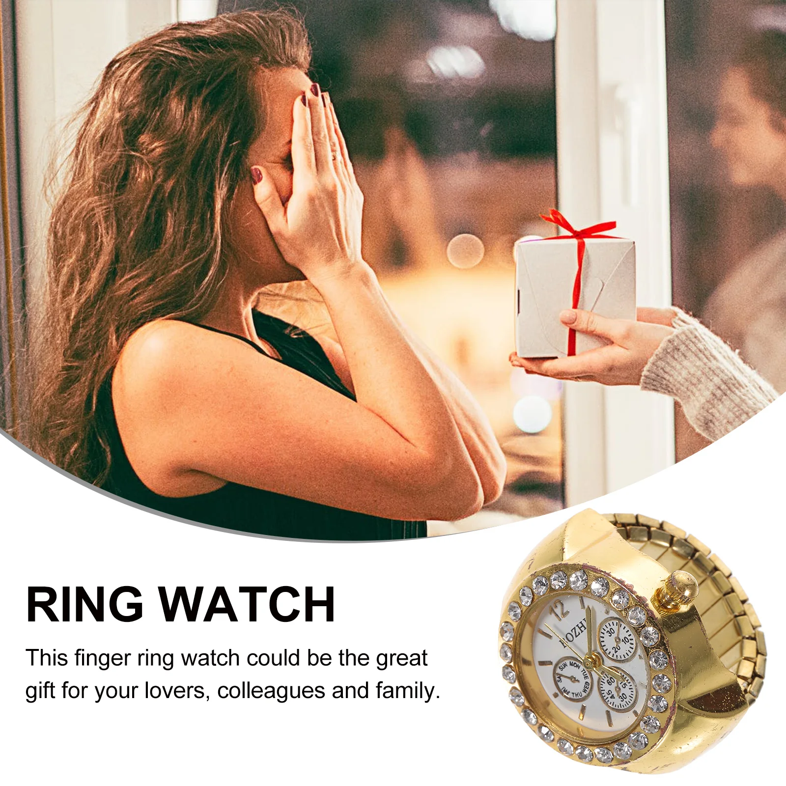 Elastic Round Quartz Finger Watch, Relógio Bling, Anel bonito