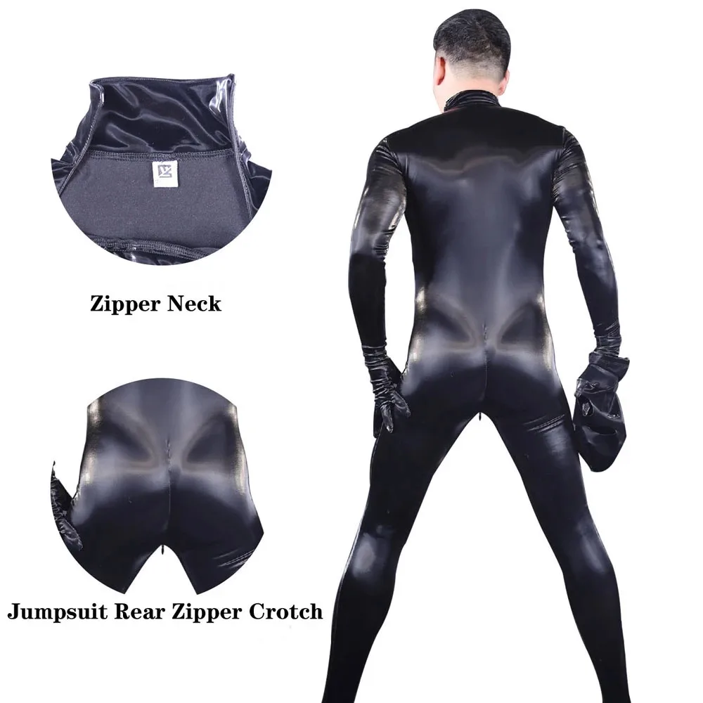 Sexy Men U Convex Pouch Full Body Cover Bodysuit PU Faux Latex Shiny Elastic Lingerie Tight Catsuit Stage Costume Jumpsuit Hollo