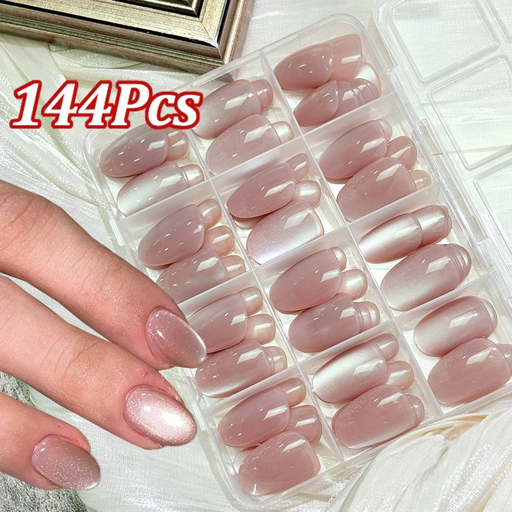144 stuks naakt roze glitter cat eye nepnagels korte ovale jelly cat's eye volledige dekking druk op nagels voor vrouwen draagbare kunstnagels #