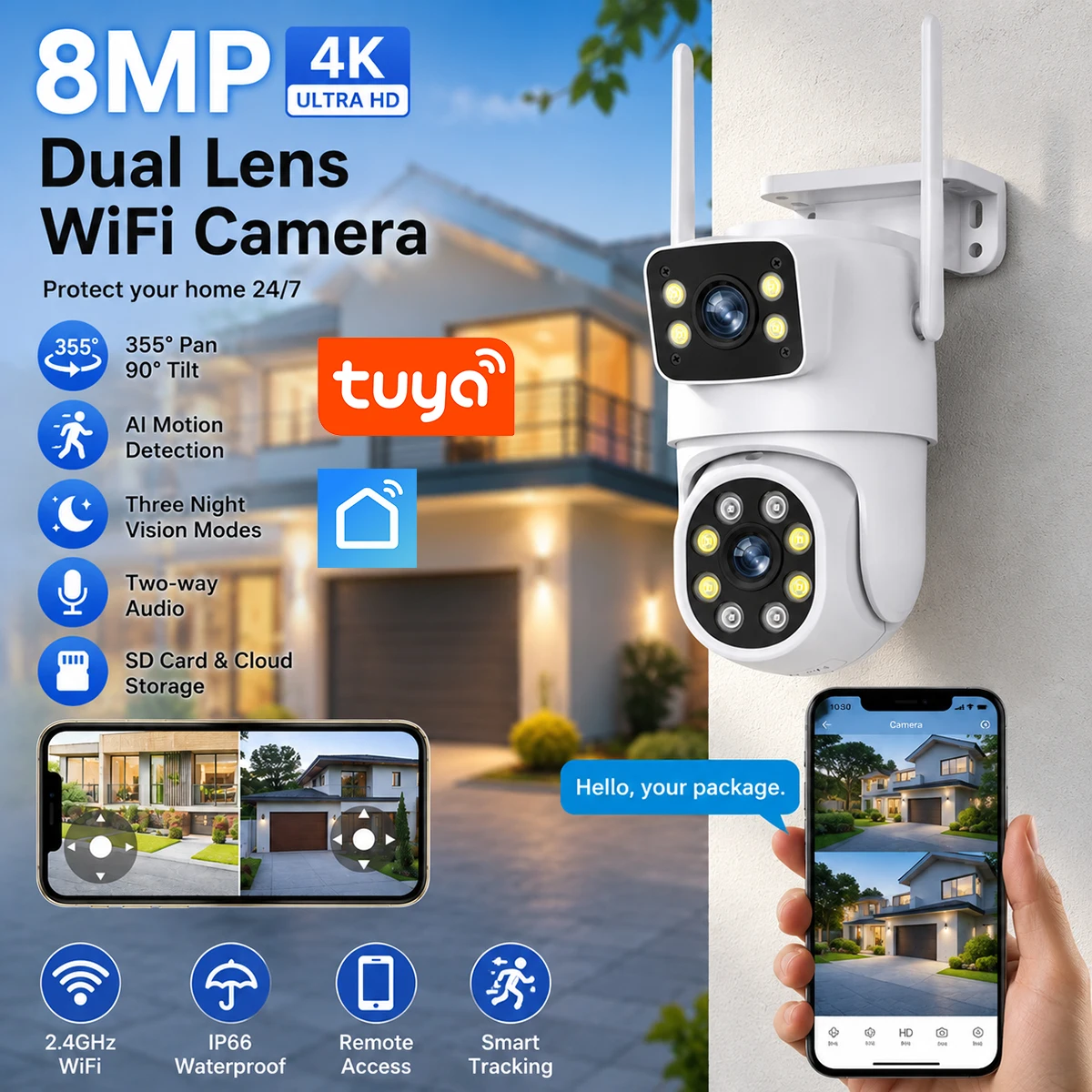 Image of Tuya 4K 8MP Dual-Lens PTZ-Kamera - Dual-Screen Outdoor WLAN IP-Kamera mit KI-Auto-Tracking - CCTV Heimsicherheitsüberwachung