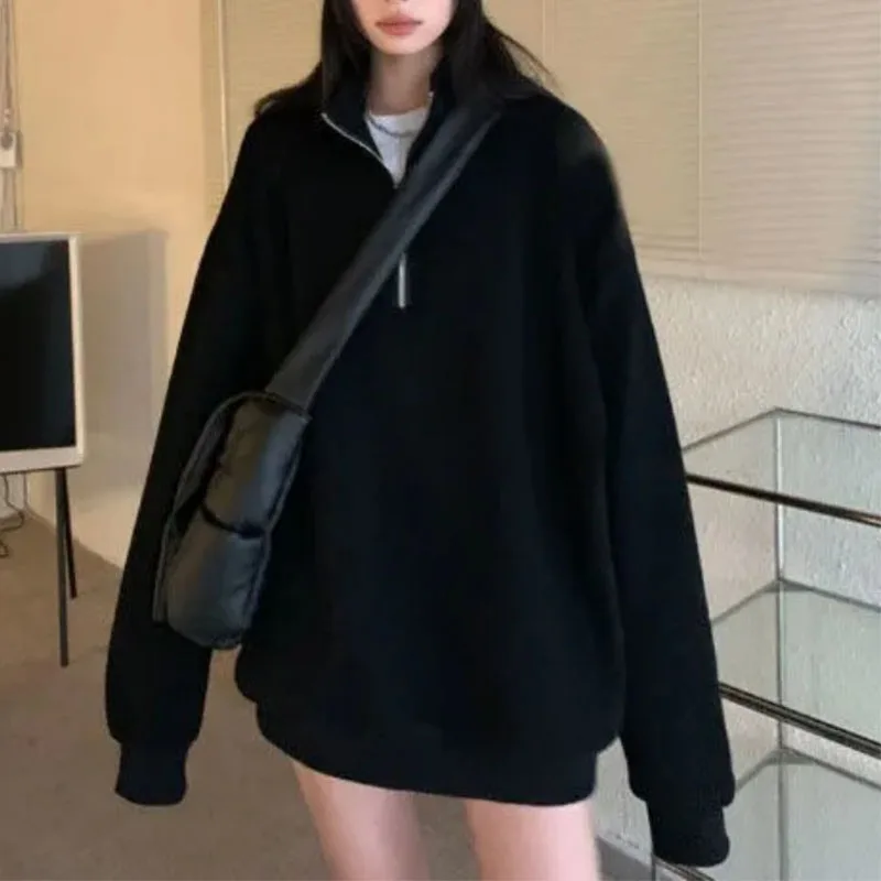 Grijs sweatshirt dames in de herfst winter nieuwe stijl luie stijl POLO losse halflange top