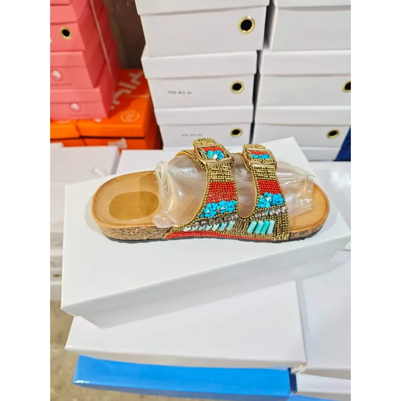 

Black Rose Red Green Rhinestone Summer Beach Travel Sandals Flat Shoes 2026 New M Ü Ller Shoes Bohemian Style