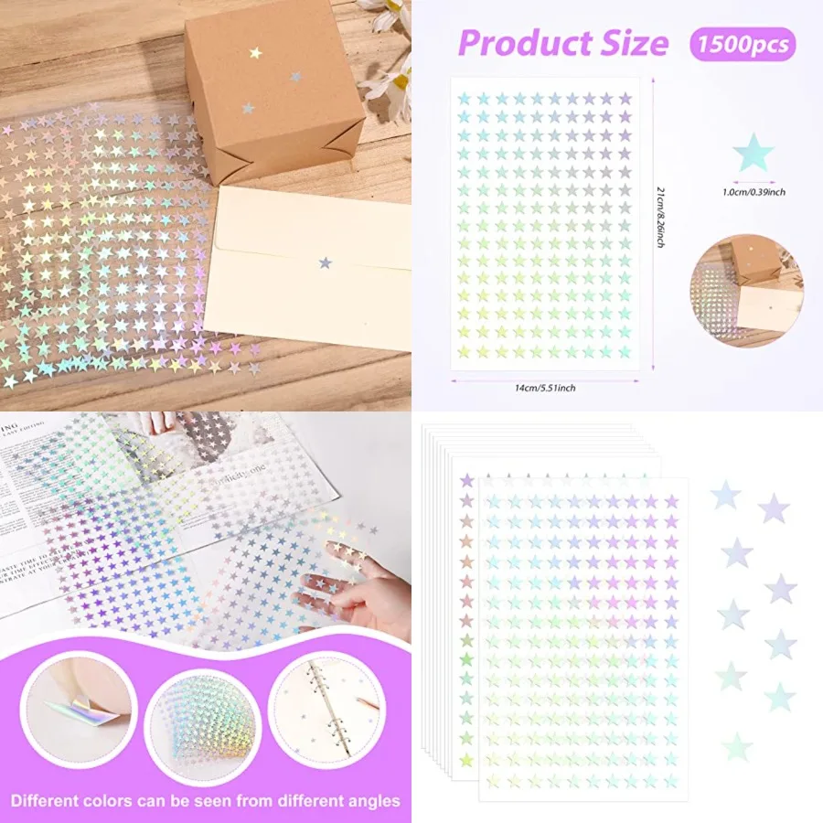 

1500pcs Holographic Self-Adhesive Star Sticker for Crafts - Laser Five-Pointed Mini Foil Stars for Reward at School Classroom P